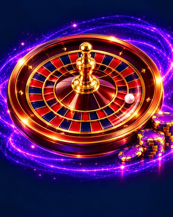 Ruota della roulette rossa e blu con la pallina bianca e fiches viola