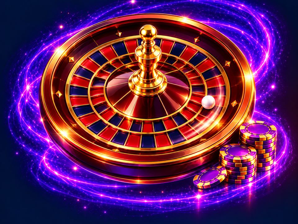 Ruota della roulette rossa e blu con la pallina bianca e pile di fiches viola