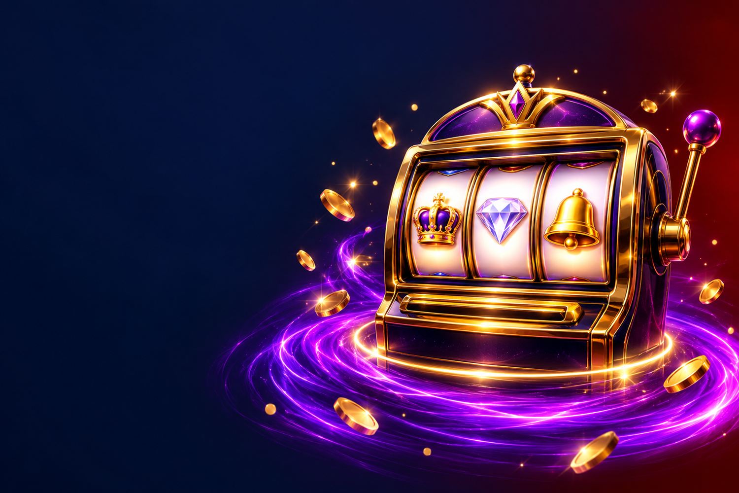 Slot machine dorata con corona, diamante e campana sui rulli, in un vortice di luce viola tra monete