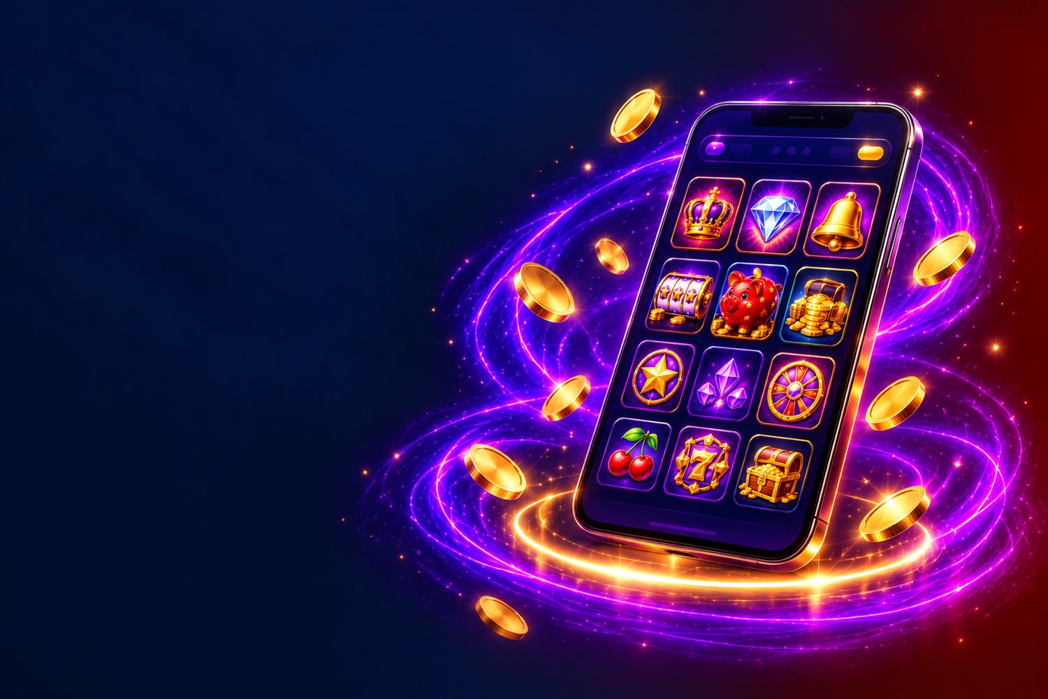 Smartphone con una griglia di icone di slot sullo schermo, tra monete e luce viola
